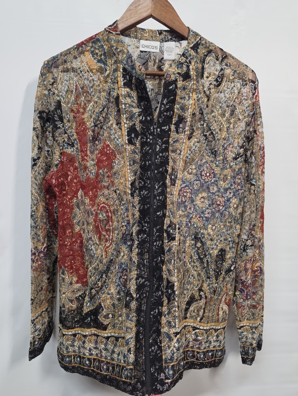 Chico’s Size 2 Metallic Lace Paisley Patchwork Zip Front Jacket Cardigan